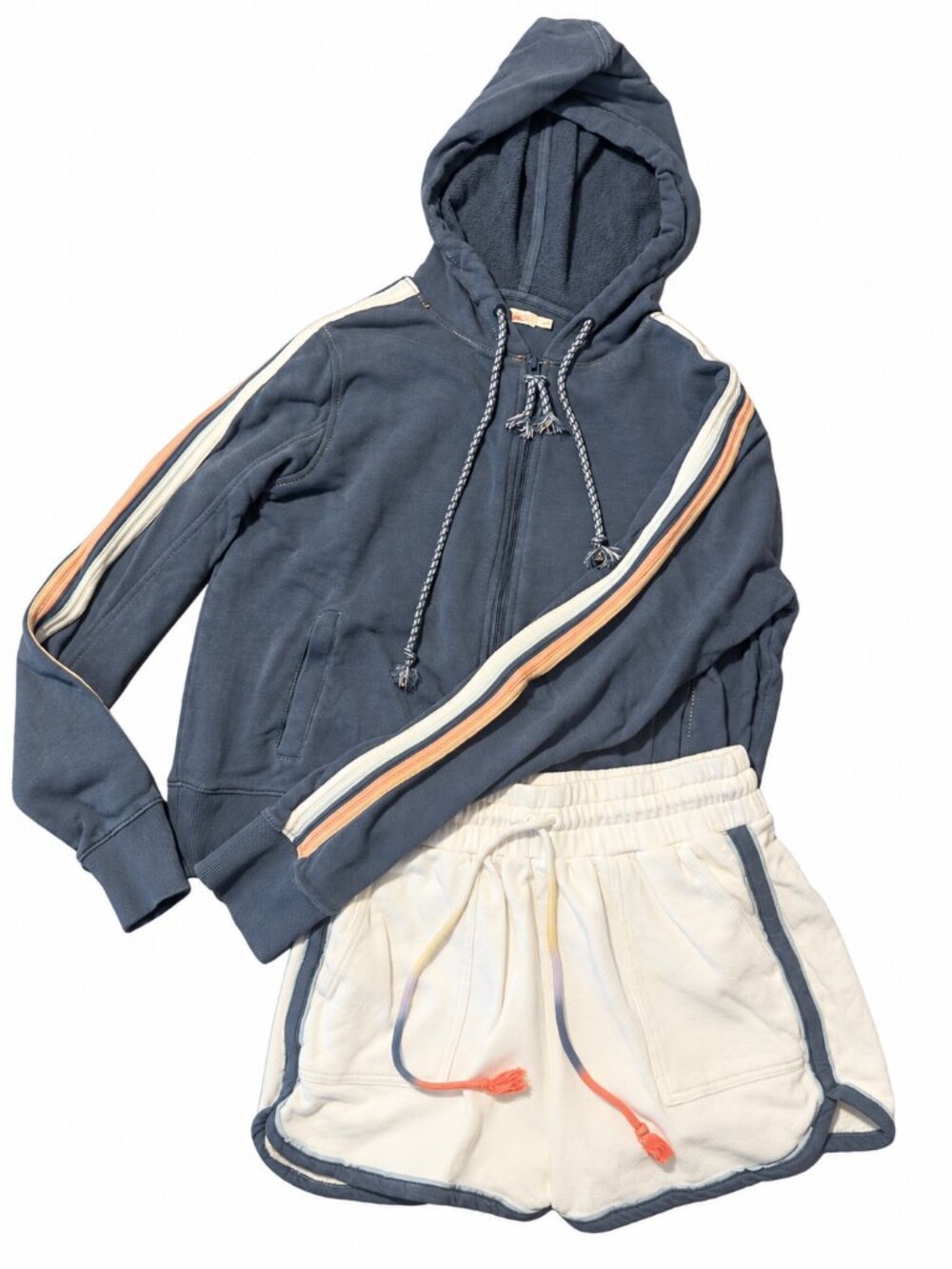 Faherty Terry Zip Hoodie and Shorts Set Navy Peach White Medium